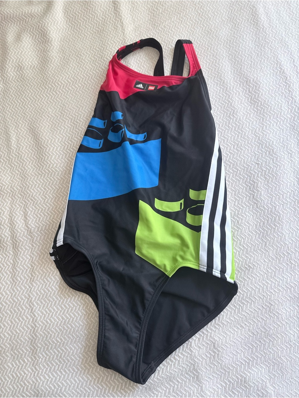 adidas Kids Black One-Piece Swimsuit with Blue, Green & Pink Accents